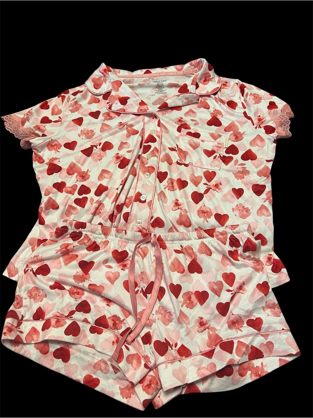 Thalia Sodi Pink & Red Heart Print Short Pajama Set